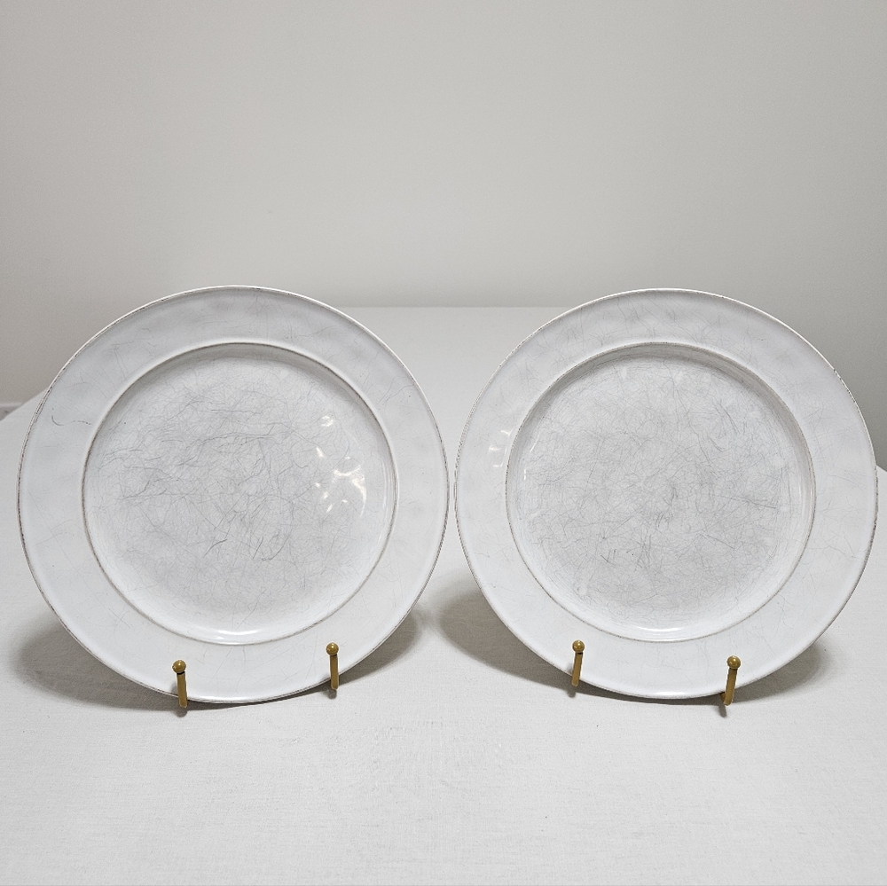 Pottery Barn Cambria Stone (2) Dinner Plates Handcrafted Rustic Trim White 10.7"